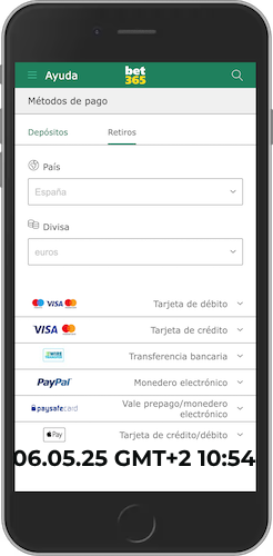 Captura de pantalla móvil de las opciones de retiro de Bet365