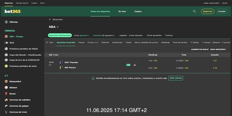 Captura de pantalla de la página de apuestas de baloncesto de bet365