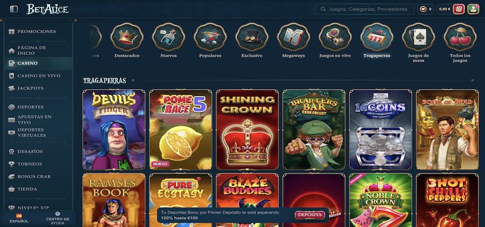 Captura de pantalla de la página del casino BetAlice
