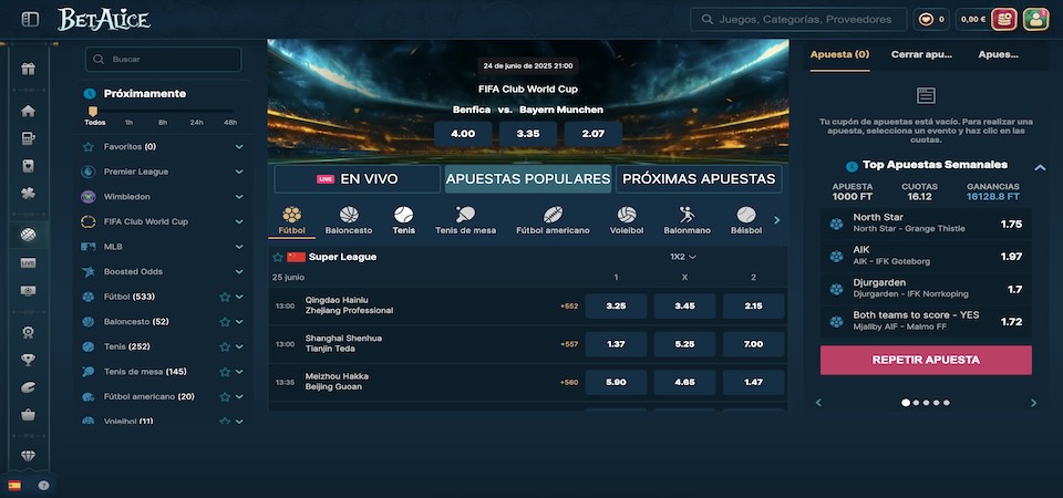 Captura de pantalla de la página de deportes de BetAlice