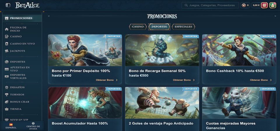 Captura de pantalla de la página de promociones de BetAlice