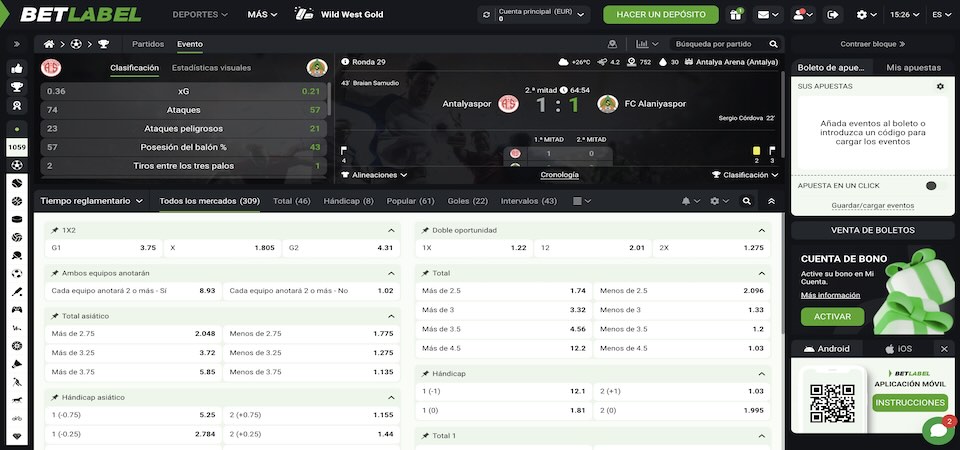 Captura de pantalla de la página de deportes de BetLabel