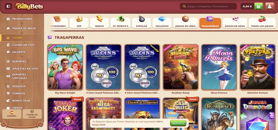 Captura de pantalla de la página del casino BillyBets