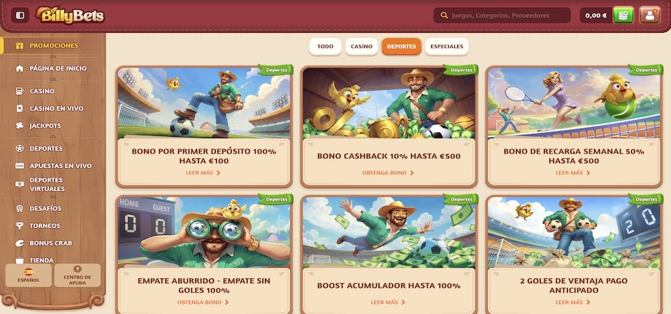 Captura de pantalla de la página de promociones de BillyBets