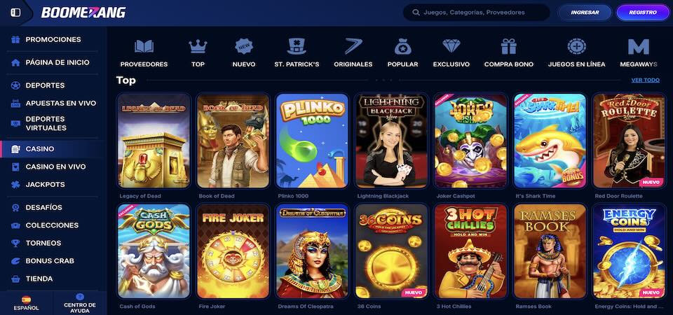 Captura de pantalla de la página del casino Boomerang-bet