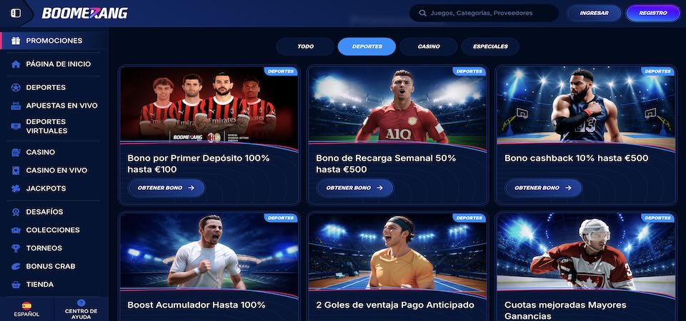 Captura de pantalla de la página de promociones de Boomerang-bet