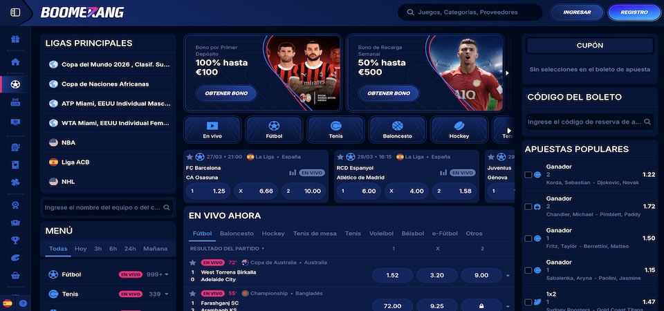 Captura de pantalla de la página de deportes de Boomerang-bet