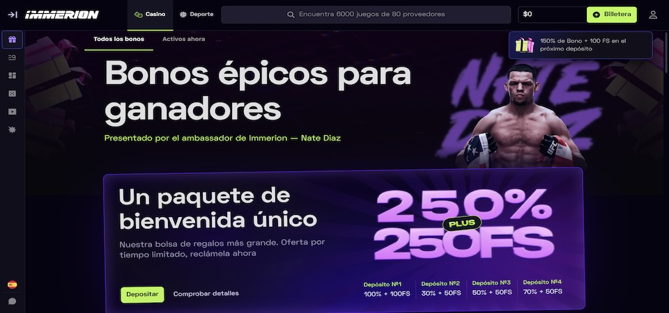 Captura de pantalla de la página de bonificaciones de Immerion