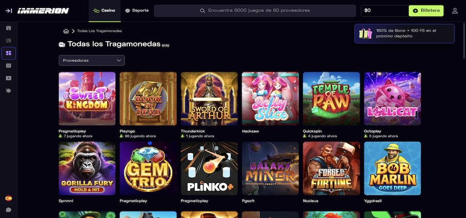 Captura de pantalla de la página del casino Immerion