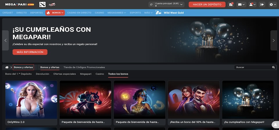 Captura de pantalla de la página de bonos de Megapari
