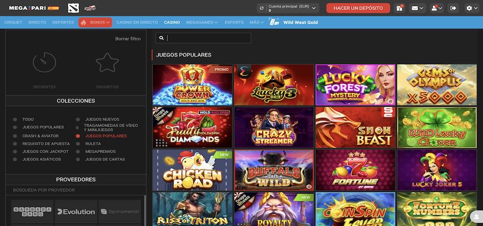 Captura de pantalla de la página del casino Megapari