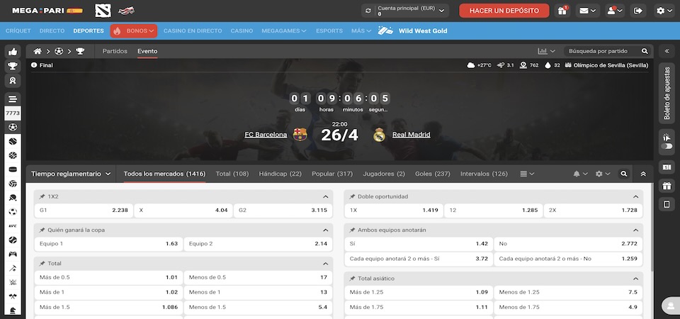 Captura de pantalla de la página de deportes de Megapari