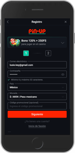 Captura de pantalla móvil del paso 1 del registro en Pin-up