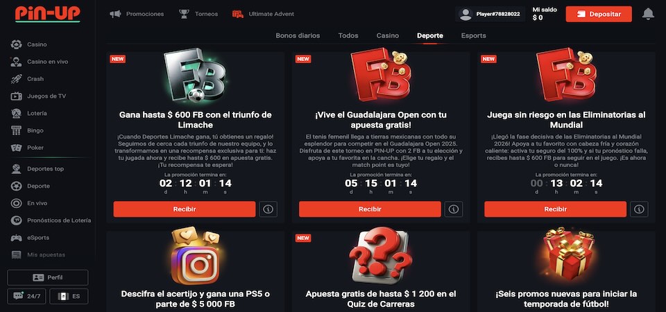 Captura de pantalla de la página de bonificaciones de Pin-Up México
