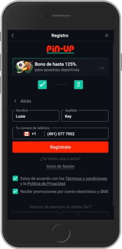 Captura de pantalla móvil del paso 2 del registro Pin-up