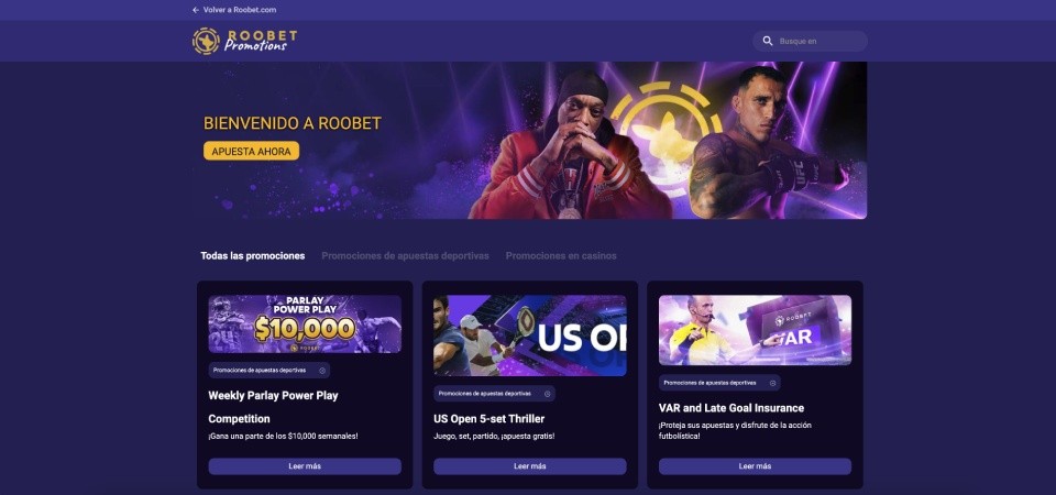 Captura de pantalla de la página promocional de escritorio de Roobet