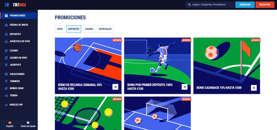 Captura de pantalla de la página de bonificaciones de TikiTaka